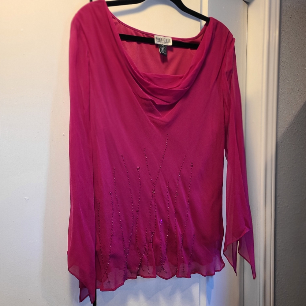 Robbie Bee Fuchsia Blouse with Embellished Hem Size 14W